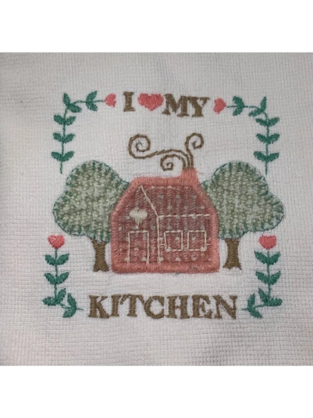 I Love My Kitchen Embroidered Cotton Hand Towels Set Of 2 White with Pink Trim